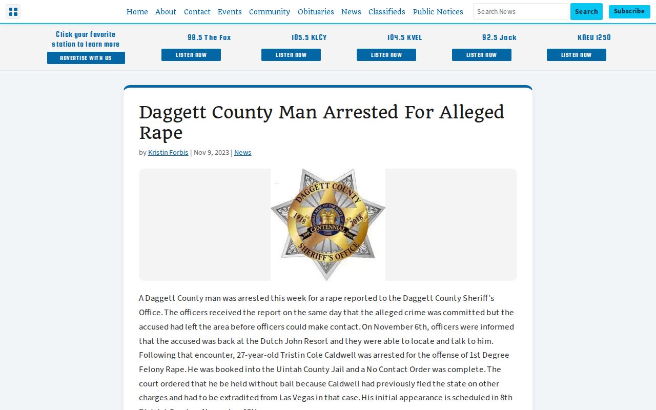 Daggett County regional arrest-news report relevant to Manila records